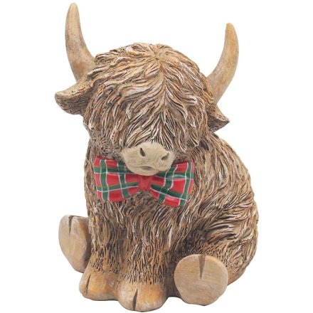 Sitting Highland Cow Tartan Bow