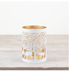 White/Gold Xmas Scene Candle Holder 14cm