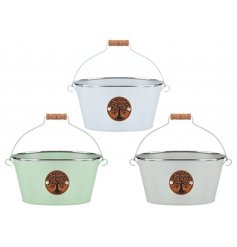 A gorgeous assortemnt of 3 coloured planters each with the Tree of Life symbol and a carry handle