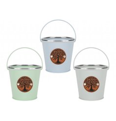 3 assorted tree of life design planters each with a simple handle attached 
