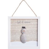 A chic wooden framed sign with jute string hanger. Complete with a unique painted pebble snowman and slogan. 