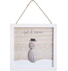 A chic wooden framed sign with jute string hanger. Complete with a unique painted pebble snowman and slogan. 