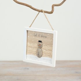 A stylish wooden framed sign with jute string hanger. Complete with a painted pebble snowman and seasonal slogan.