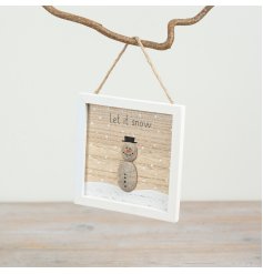 A chic wooden framed sign with jute string hanger. Complete with a unique painted pebble snowman and slogan. 