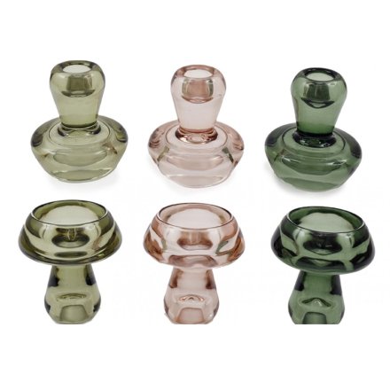 8.5cm Mushroom Candle Holder Glass 3 Assorted
