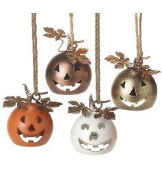 An assortment of 4 Autumn coloured hanging decorations in the shape of pumpkins with facial expressions carved