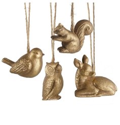 Indulge in 4 assorted opulent hanging tree ornaments, featuring a lavish gold shade.
