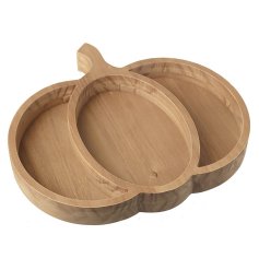 A simple yet chic pumpkin wooden tray with 3 separate divides.