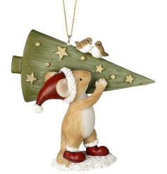 Hanging Mouse W/tree & Birds Deco, 11cm 