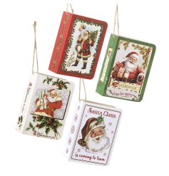 A mix of 4 hanging wooden books, each featuring a traditional Santa image in classic Christmas colours. 