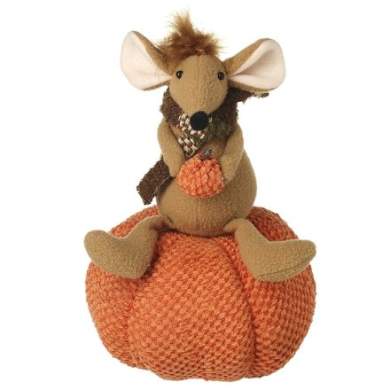 Large Knitted Pumpkin With Sitting Mouse, 21cm 