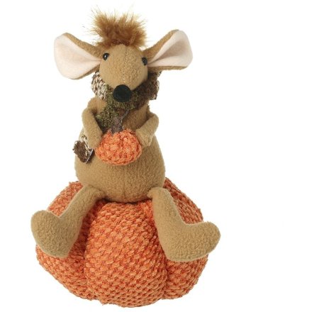 Knitted Pumpkin With Sitting Mouse, 19cm 