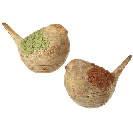 2/A Grn & Ora Wood Finish Bird Decor, 12cm 