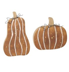 A rust coloured wooden pumpkin decoration in 2 assorted designs.