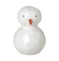 Adorable snowman decoration with a cute carrot nose and glazed finish.