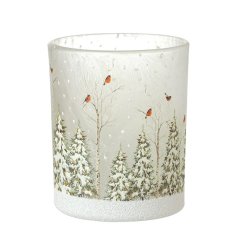 Snowy Robin Frosted Glass Candle Holder, 7.4cm 