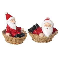 An assortment of 2 charming decorations featuring Father Christmas in a basket. 