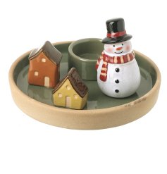  T Light Holder Snowman Scene, 15.4cm 