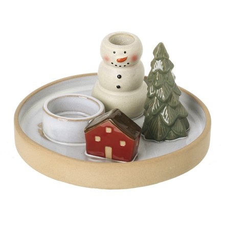 T Light & Candle Holder Snowman Scene, 17.4cm 