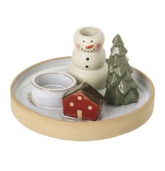 T Light & Candle Holder Snowman Scene, 17.4cm 