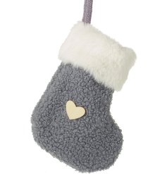 Grey Sock With Fur Trim & Heart, 13cm 