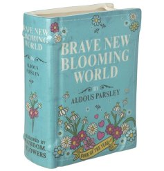 A gorgeous vase in the shape of a book, perfect for displaying real or artificial flowers, 