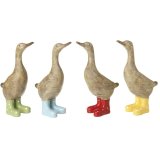 An assortment of 4 resin ducks each wearing polkadot wellington boots. 
