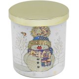 A beautifully decorated Christmas candle featuring a unique Bug Art snowman design in multi colours with gold detailing