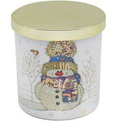A chic Christmas candle with a unique Snowman design by Bug Art. 