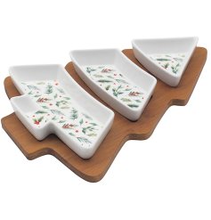 A fantastic tree shaped board made from bamboo with 3 ceramic snack dishes. Each has a festive holly design