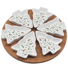 A fantastic bamboo tray with 6 tree shaped ceramic dishes. Each has a wonderfully festive red holly design. 