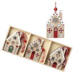 Wooden Gingerbread House Decorations Set, 7.5cm 