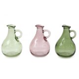 A charming assortment of 3 glass vases in different colour tones, displayed with a simple curved handle.