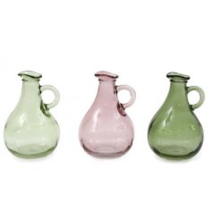 Colourful assortment of 3 glass vases with a curved handle for a charming appearance.