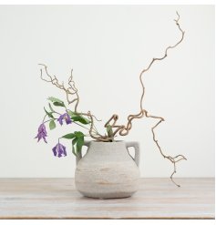 Add a touch of charm to your home décor with this rustic vase featuring two handles for easy carrying.