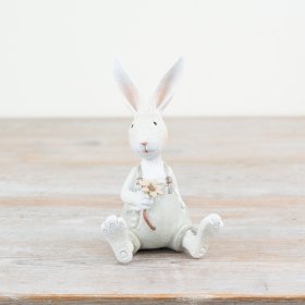 Adorable white bunny in overalls, gently clutching a flower.