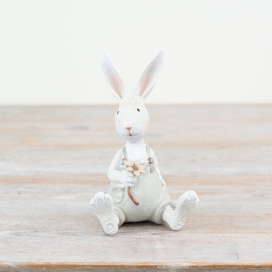 Seated Rabbit Figurine Holding a Flower, 15.5cm Tall