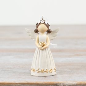 A sweet and beautifully detailed hanging angel decoration with a gold floral design and heart.