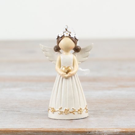 A charming hanging angel girl with floral crown and gold heart. Complete with ribbon. 