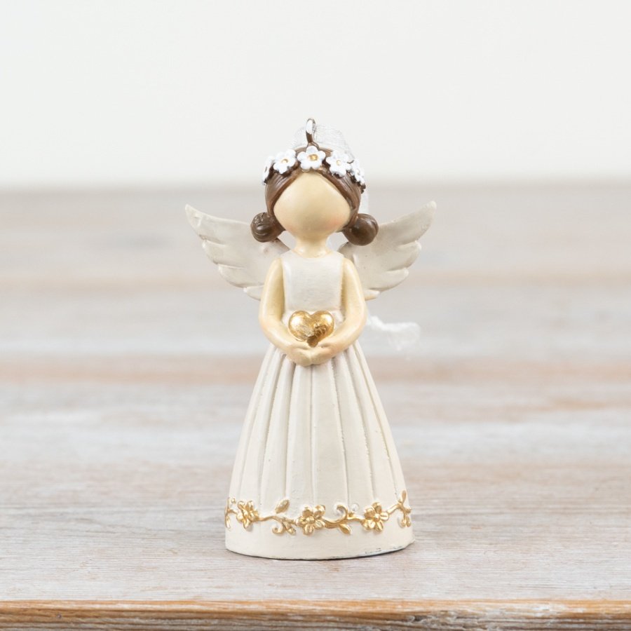 A sweet and beautifully detailed hanging angel decoration with a gold floral design and heart.