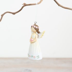 A pretty hanging angel decoration with pink floral details and a pink heart. 