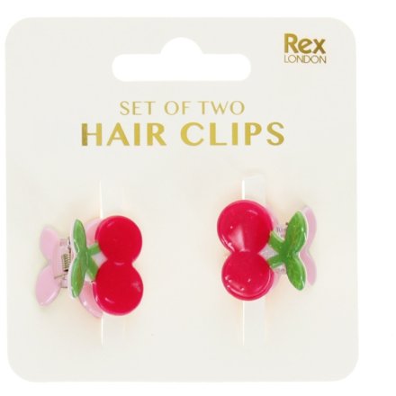a bright pink and red cherries design hair clips for children 