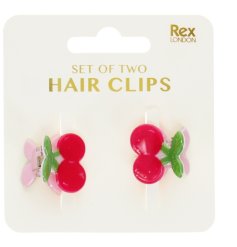 a bright pink and red cherries design hair clips for children 