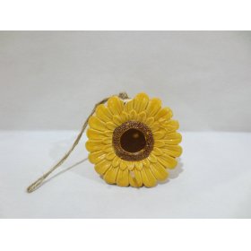 A vibrant and beautifully crafted sunflower shaped birdhouse. Complete with a rustic jute string hanger. 