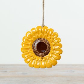 A vibrant and beautifully crafted sunflower shaped birdhouse. Complete with a rustic jute string hanger. 