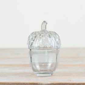 Glass acorn pot with detailed cut-out lid, perfect for storing nuts or sweet treats!