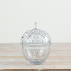 Crafted from clear glass, this delicate acorn pot adds a charming touch to any Autumn table centerpiece.