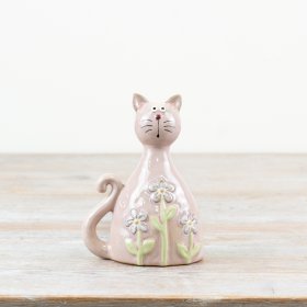 Pastel pink cat with daisy designs, coated in a shiny clear glaze.