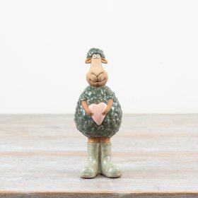 Charming porcelain Standing Sheep Ornament holding a pink heart
