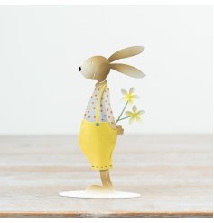 Welcome spring with a cute metal bunny in a spotted shirt and sunny yellow shorts.